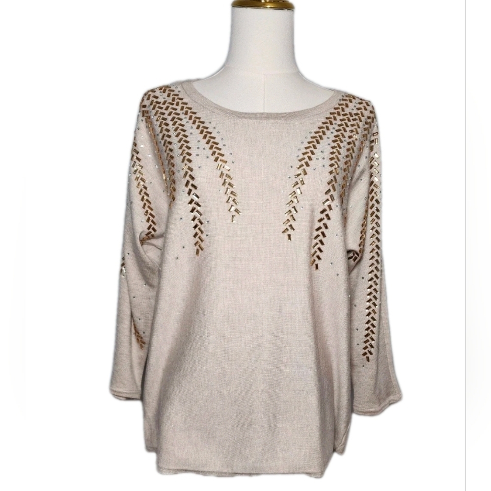 Rhinestone Embellished Sweater Luxury Blouse Casual 3/4 Sleeve Size M